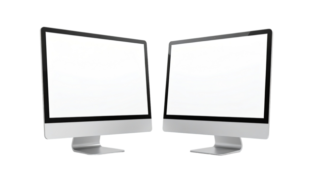 Two identical computer monitors, angled outward, display blank white screens.  Sleek silver/grey metal frames and bases