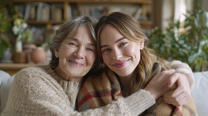 Heartwarming moment between grandmother and granddaughter in cozy living room