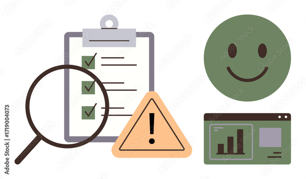 Poster clipboard checklist with checkmarks, magnifying glass, caution triangle, smiling face, and data char