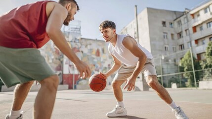 Intense outdoor basketball game between friends on urban court