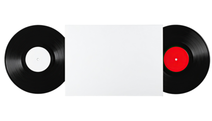 Two black vinyl records, one with a white label and the other with a red label, are positioned within a plain white sleeve