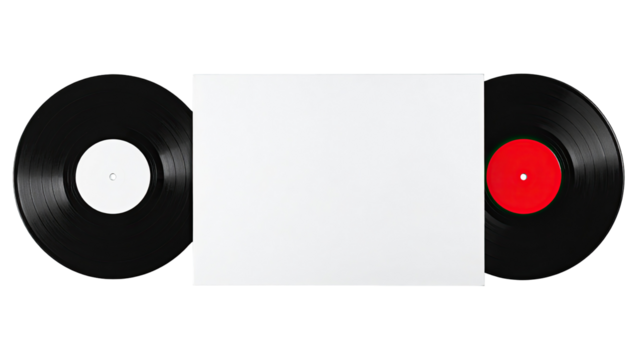 Two black vinyl records, one with a white label and the other with a red label, are positioned within a plain white sleeve