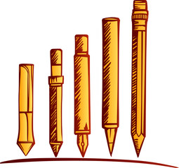 hand-drawn illustration showcasing a variety of writing instruments arranged in a row. The illustration features a highlighter, a mechanical pencil, a fountain pen, a mechanical pencil, wooden pen.
