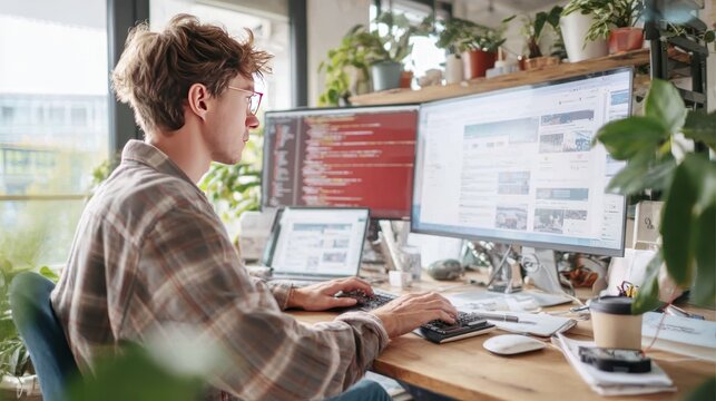 Focused developer working with dual monitors in a modern office environment