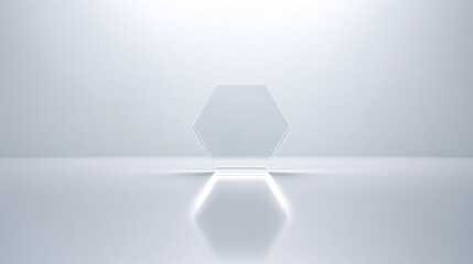 Transparent glass hexagonal prism on a reflective surface with soft lighting and a gradient background. Ideal for design, branding, and product mockups with a modern, minimal aesthetic.