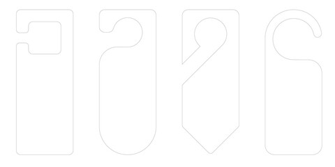 Vector icon set of hotel door hangers with tag shapes for handle or knob. Cardboard flyer mockups with paper die cut label design for room signage. Flat template isolated on white background