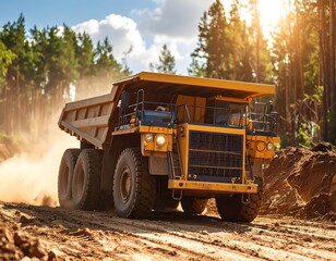 Fototapeta premium Large yellow mining truck on a dirt road through a forest