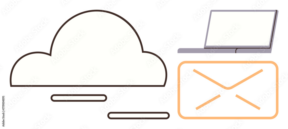 Poster cloud icon, laptop, and envelope representing cloud storage and email. ideal for cloud computing, di