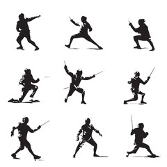 Dynamic fencing silhouette set featuring athletes in action isolated on white background