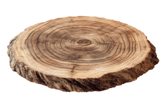 A rustic, circular wood slice, showing prominent growth rings and rough, natural edges.  The wood is light brown with darker concentric circles