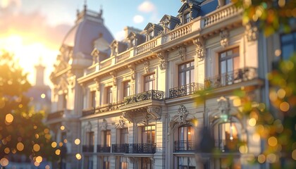 Obraz premium A beautifully detailed historic building facade with elaborate ornamentation is captured at dusk, with blurred foliage & a warm glow from the setting sun
