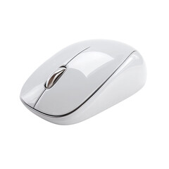 Sleek, white wireless computer mouse, gently curved, smooth surface, single button visible
