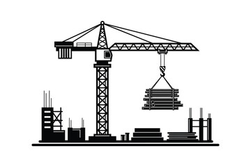 Construction Site Silhouette with Crane Lifting Materials