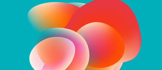 Abstract colorful shapes overlap. Gradient hues blend, creating vibrant visual effect. Turquoise background provides contrast.