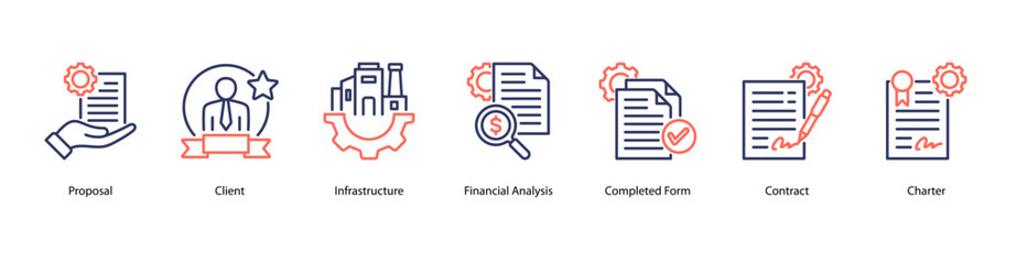Project Execution web banner icon vector illustration featuring Proposal, Client, Infrastructure, Financial Analysis, Completed Form, Contract, and Charter.