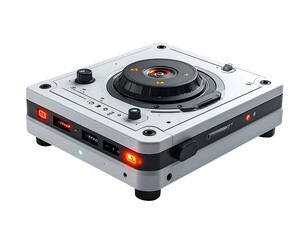 Fototapeta premium Sleek, white, square device with a central rotating lens, flanked by buttons, ports, and indicator lights; futuristic design