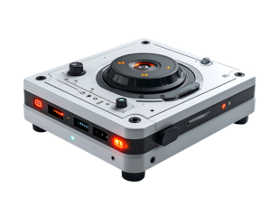 Sleek, white, square device with a central rotating lens, flanked by buttons, ports, and indicator lights; futuristic design