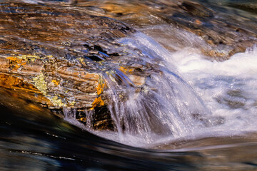 Colorful rocks with lichens in a stream with running water
