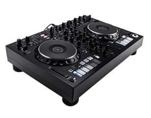 Sleek black DJ mixer with two large jog wheels, numerous buttons, knobs, and a control surface
