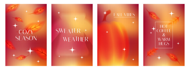 Set of posters in a minimalist style with a soft gradient effect. Cozy autumn cards with inscriptions. Vector template for banner, post, advertisement, cover