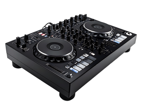 Sleek black DJ mixer with two large jog wheels, numerous buttons, knobs, and a control surface