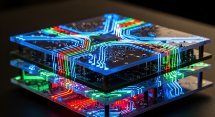 Illuminated Circuit Board Stack with Neon Lines and Colorful Glowing Details