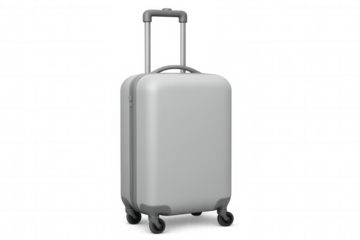 White travel suitcase with telescopic handle and spinner wheels, perfect for journeys, vacation, or transit, on transparent background
