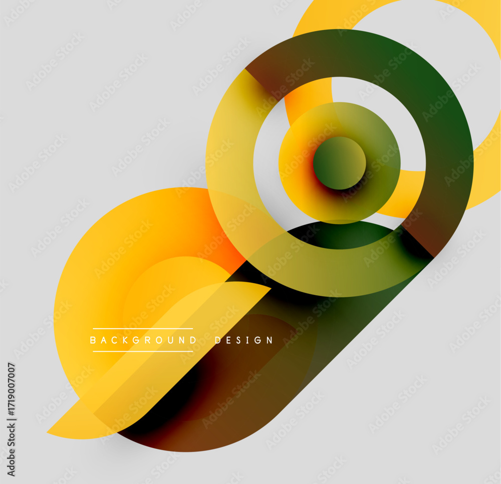 Poster abstract design features overlapping circles, gradients. yellows, greens create dynamic visual effec