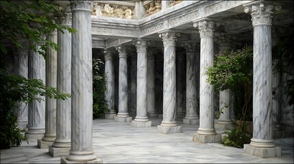 Obraz premium Tall marble Roman house pillars in courtyard