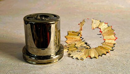 Metallic pencil sharpener with shavings