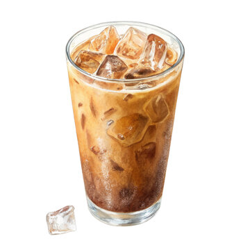 Watercolor iced coffee drink with ice cubes isolated on a transparent background beverage