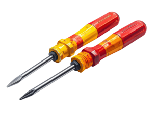 Two screwdrivers, red and yellow handles, angled, against a black background
