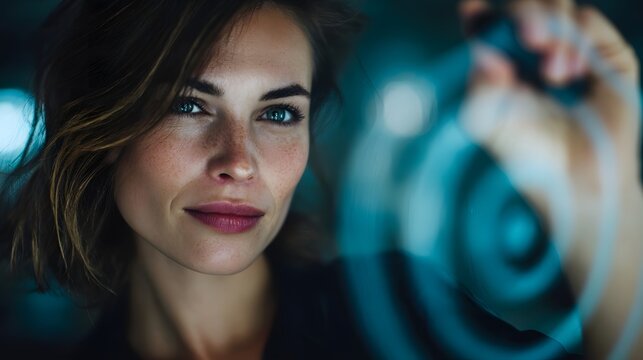Businesswoman visualizing strategy by drawing a bullseye on a futuristic digital interface