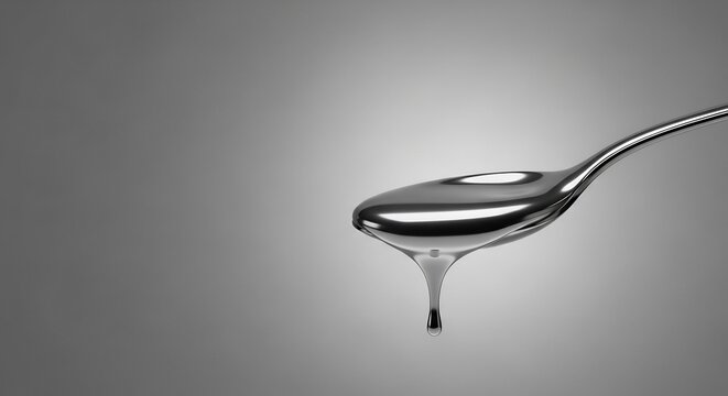 Metallic Spoon with Droplet: Elegant Monochrome Liquid Pouring, Minimalist Concept.
