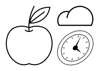Apple with leaf, analog clock with hands, and cloud in simple line art. Ideal for time, health, weather, minimalism, productivity education planning. Simple flat metaphor
