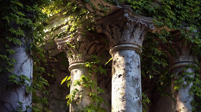 Roman house pillars with ivy and sunlight patterns