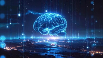 Artificial Intelligence Brain Processing Data Over a Digital Cityscape Concept - Powered by Adobe