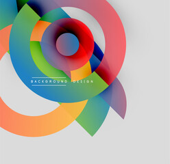 Abstract colorful shapes overlap creating dynamic circular design. Modern background with gradient hues, simple yet vibrant.