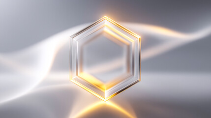 Floating transparent hexagon with beveled edges, glowing under soft golden light on a futuristic gradient background. Ideal for tech, design, and abstract concept visuals.