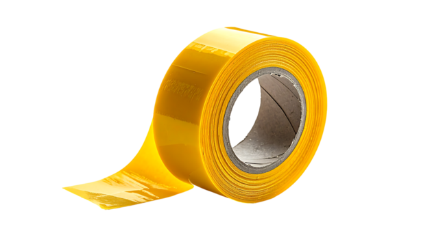 A roll of bright yellow translucent tape on a black background; partially unwound, showing its shiny, plastic-like texture and cardboard core
