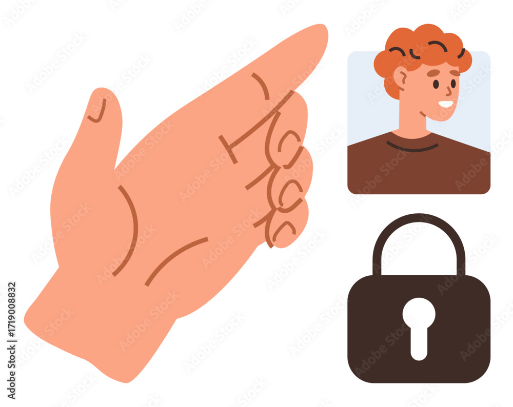 Aufkleber hand pointing to a photo and lock, emphasizing security, identity, authentication, user, control, ac