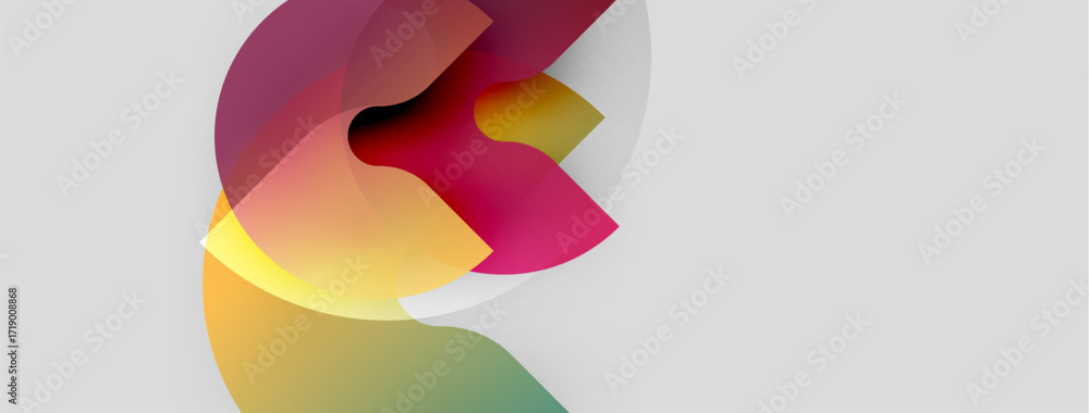 Poster abstract shapes overlap, creating vibrant color blends. soft gradients suggest movement, light inter