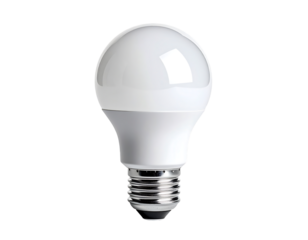 A bright white LED light bulb with an A19 shape and a standard screw base, isolated on a black background