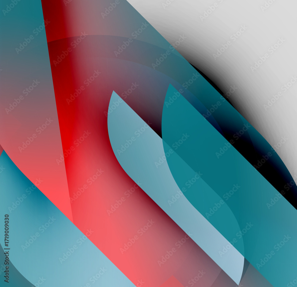 Aufkleber Abstract composition. Overlapping shapes create dynamic visual effect. Red, teal, gray hues dominate design. Smooth gradients present modern aesthetic.