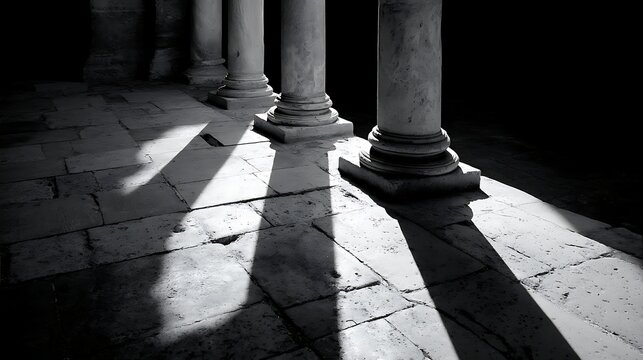 Roman house pillars casting shadows on stone floor