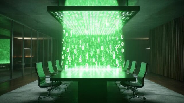Empty modern conference room showing a digital transformation concept, with a green stream of glowing binary code and numbers falling onto the meeting table from a large screen on the ceiling