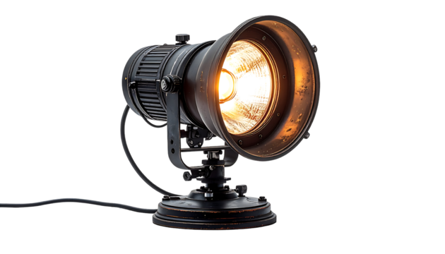 A dark-grey metallic spotlight with a warm-toned incandescent bulb, mounted on a circular base with visible wiring, appears ready for use