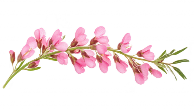 A delicate branch of pink flowering plant blossoms against a clean white background. ideal for nature-themed designs. botanical illustrations. or floral arrangements