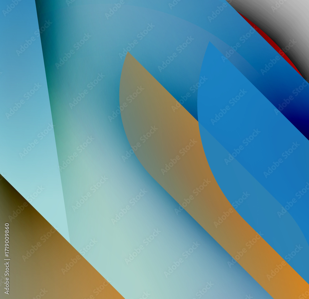 Poster abstract composition. overlapping shapes create dynamic visual effect. blues, golds, reds blend seam