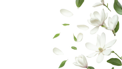Obraz premium A serene arrangement of white magnolia flowers and scattered petals on a clean white background. creating a tranquil and elegant atmosphere. perfect for spring-themed designs or floral d?cor
